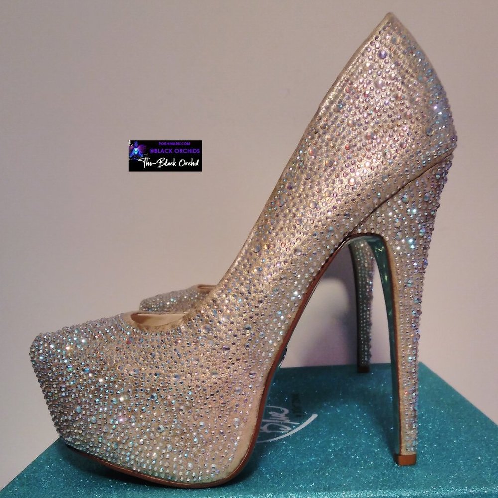 BETSEY JOHNSON 7 STAR SPARKLY RHINESTONE PLATFORM HEELS blue collection - Picture 2 of 16